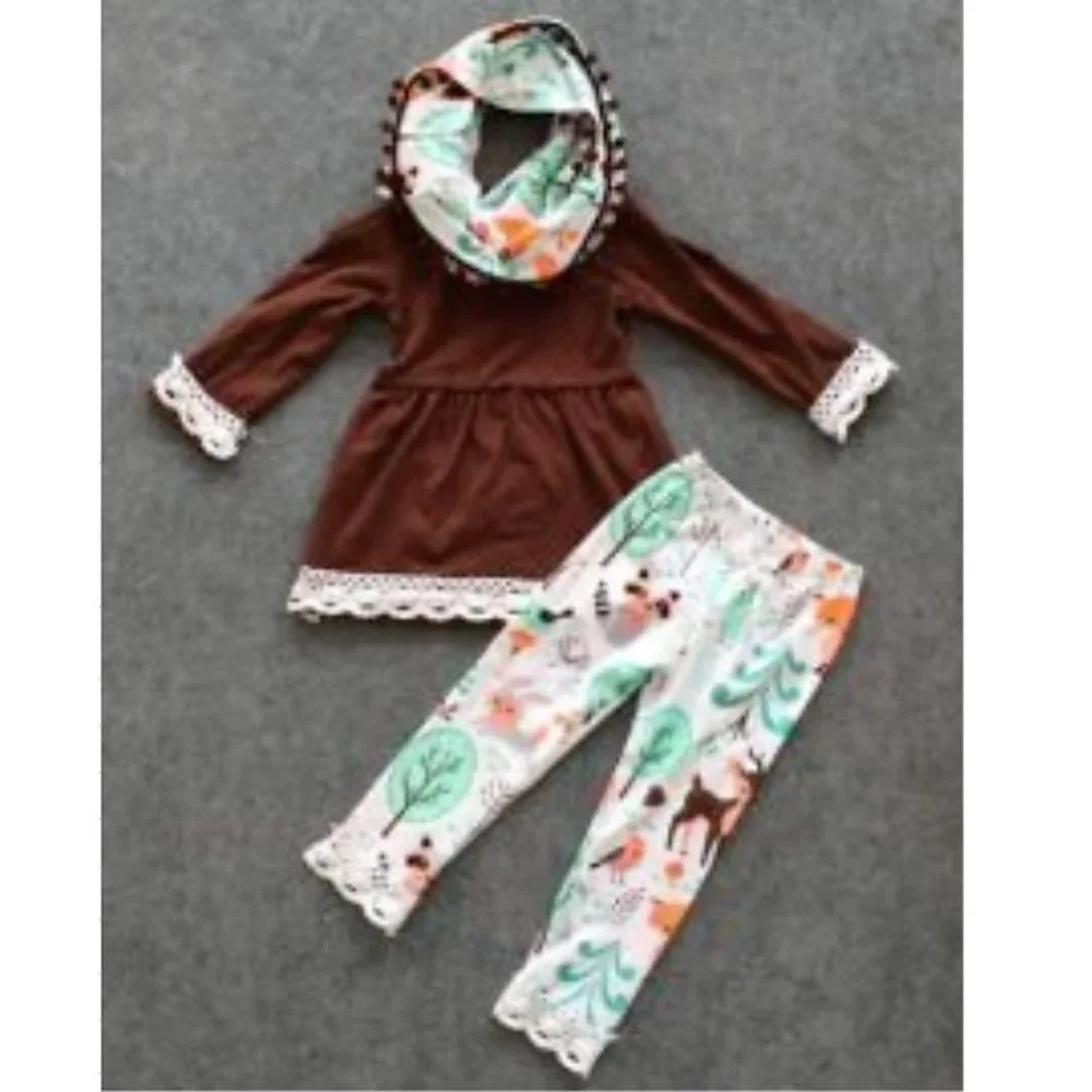 Boutique Woodland Tunic Floral Leggings & Scarf Girls Outfit Set
